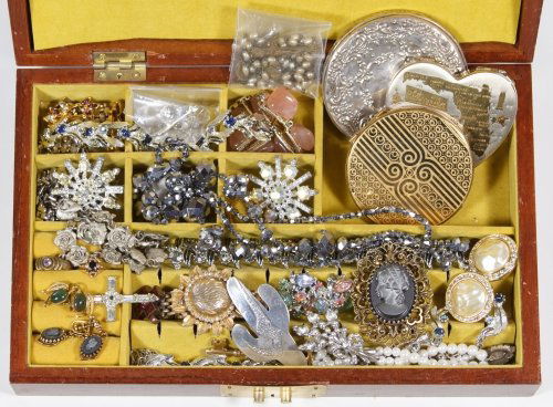 Sterling Silver and Rhinestone Jewelry Assortment: Sterling Silver and Rhinestone Jewelry Assortment Including a Towle sterling silver round hand mirror, pins, pendants, rings and bracelets; together with an Asian jewelry box Width: 11.50 inches (jewe