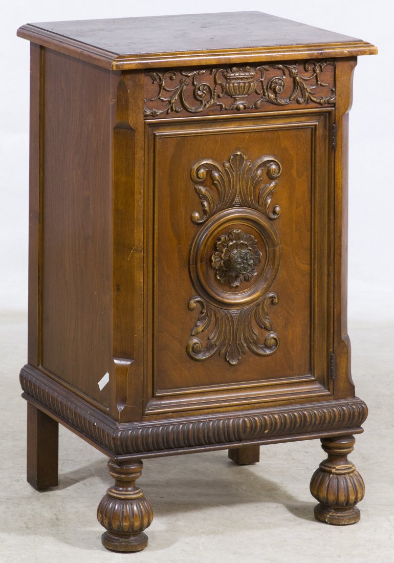 Victorian Walnut Nightstand: Victorian Walnut Nightstand Having applied decor over and on a single wood door, bun feet Height: 29.50 inches, Width: 17.50 inches, Depth: 14.50 inches Category: Furniture > American Tax Status: Subj