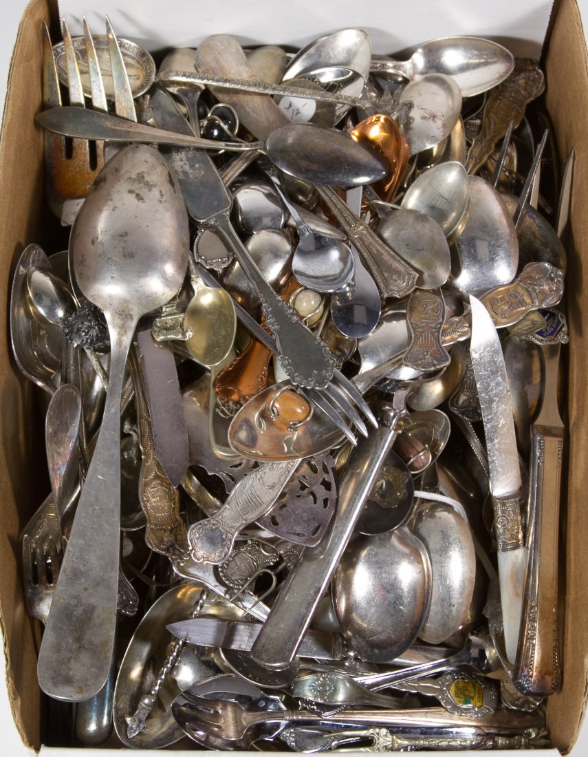 Silverplate Flatware Assortment: Silverplate Flatware Assortment Including souvenir spoons and serving utensils Length: 9.00 inches (longest) Category: Silver > Silverplate Flatware Tax Status: Subject to an 8.25% sales tax for Illin
