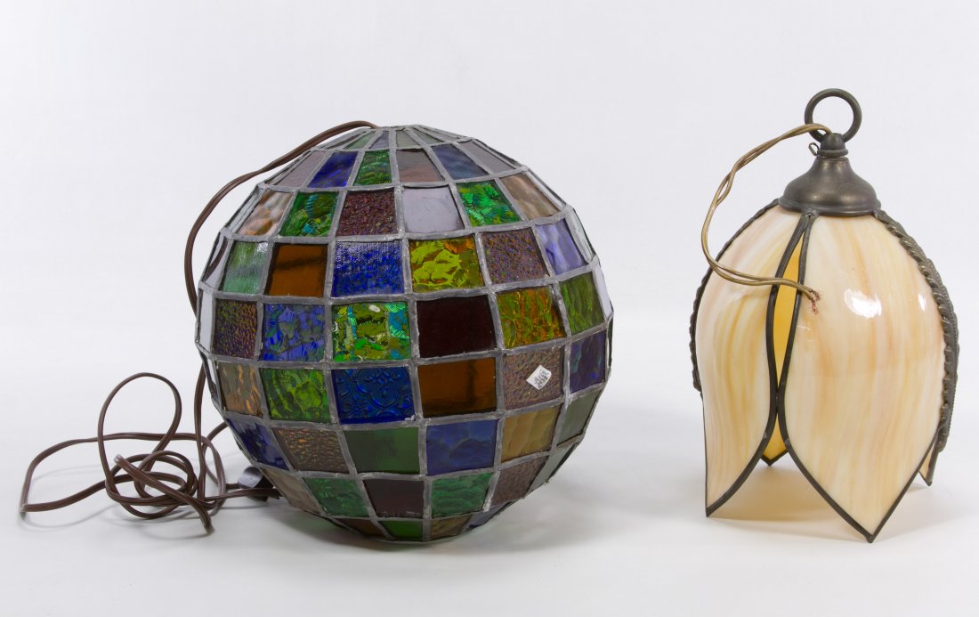Stained Glass Style Ceiling Lamps: Stained Glass Style Ceiling Lamps Two items including a slag glass tulip shaped ceiling fixture and a leaded acrylic multi-color round shade Height: 10.50 inches (largest) Category: Decorative Arts > 