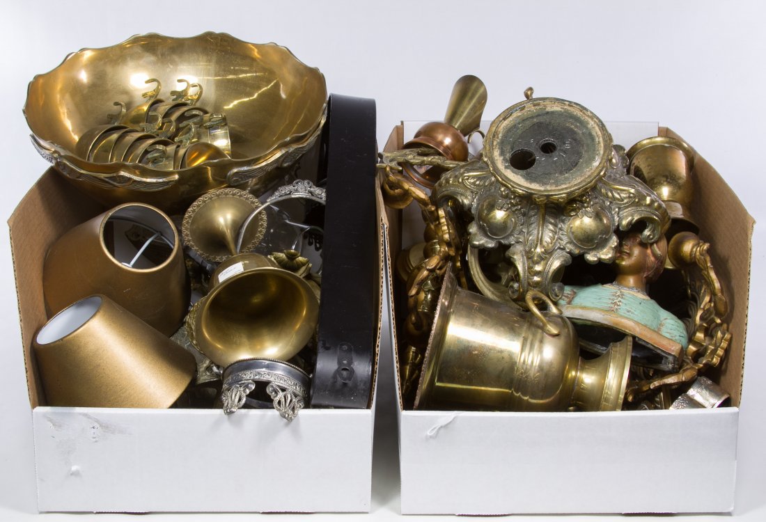 Brass and Metalware Assortment: Brass and Metalware Assortment Including lamp shades, a punch bowl with cups, urns, nesting boxes and candle holders Diameter: 13.00 inches (punch bowl) Category: Decorative Arts > Objects Tax Status: