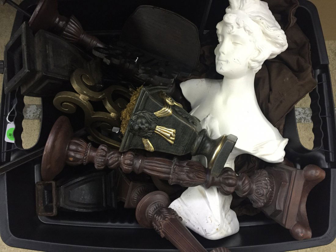 Decorative Object Assortment: Decorative Object Assortment Including a ceramic bust, metal stands and fireplace andirons Height: 18.50 inches (ceramic bust) Category: Decorative Arts > Other Tax Status: Subject to an 8.25% sales t