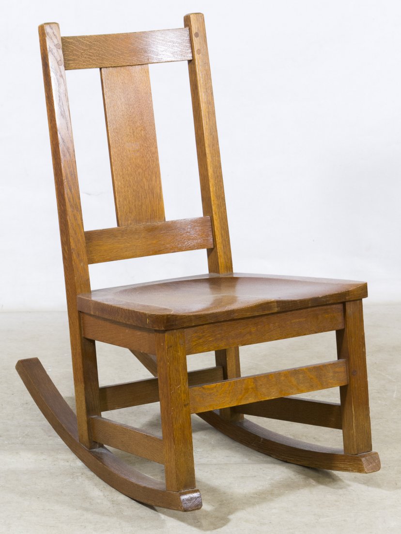 Arts and Crafts Style Mission Oak Rocker by Limbert: Arts and Crafts Style Mission Oak Rocker by Limbert 1932, stamped mark to the underside Height: 31.50 inches, Width: 16.50 inches, Depth: 28.50 inches Category: Furniture > American Shipping Status: D