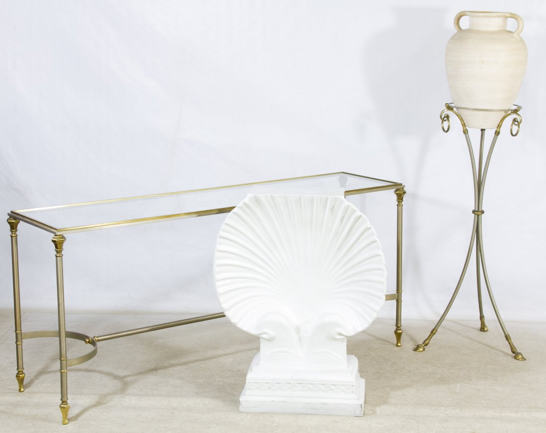 Metal and Glass Sofa Table and Stand: Metal and Glass Sofa Table and Stand Together with ceramic shell sculpture and jug Height: 27.00 inches, Length: 60.00 inches, Width: 16.00 inches (sofa table) Category: Furniture > Contemporary Shipp