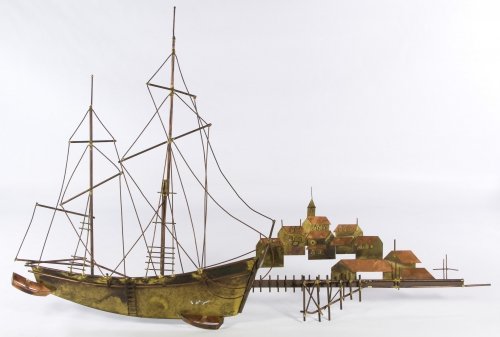 Curtis Jere (American, d.2008) 'Harbor' Wall Hanging: Curtis Jere (American, d.2008) 'Harbor' Wall Hanging 20th Century, signed bottom center, depicting a boat docked at a harbor with houses in the background Height: 20.00 inches, Width: 31.00 inches Cat