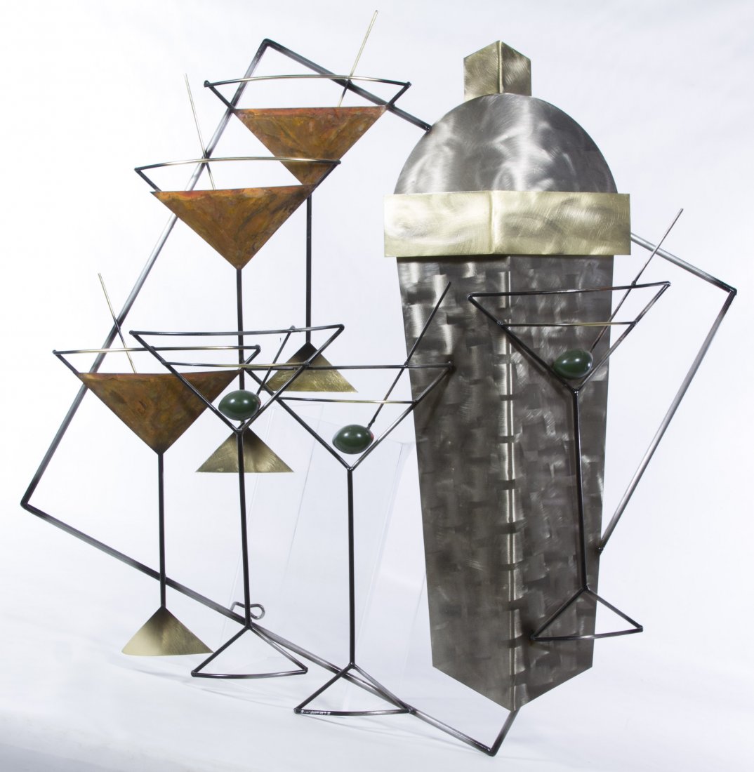 Curtis Jere (American, d.2008) 'Martinis and: Curtis Jere (American, d.2008) 'Martinis and Manhattans' Metal Wall Hanging 1998, signed lower left, depicting six martini glasses and one shaker Height: 30.00 inches, Width: 28.00 inches Category: De