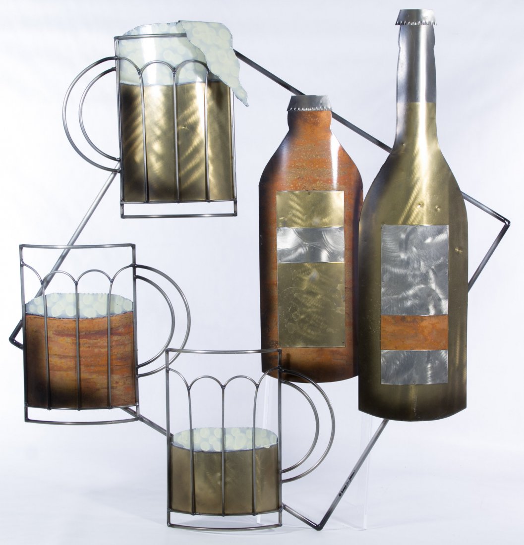 Curtis Jere (American, d.2008) Metal Wall Hanging: Curtis Jere (American, d.2008) Metal Wall Hanging 2003, signed lower right, depicting three mugs and two beer bottles Height: 30.00 inches, Width: 30.00 inches Category: Decorative Arts > Objects Ship
