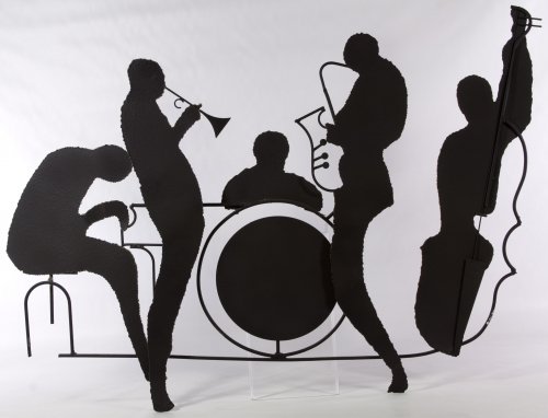 Curtis Jere (American, d.2008) 'Jazz' Painted Wall: Curtis Jere (American, d.2008) 'Jazz' Painted Wall Hanging 1991, signed lower right, depicting five jazz musicians Height: 29.50 inches, Width: 37.50 inches Category: Decorative Arts > Objects Shippin