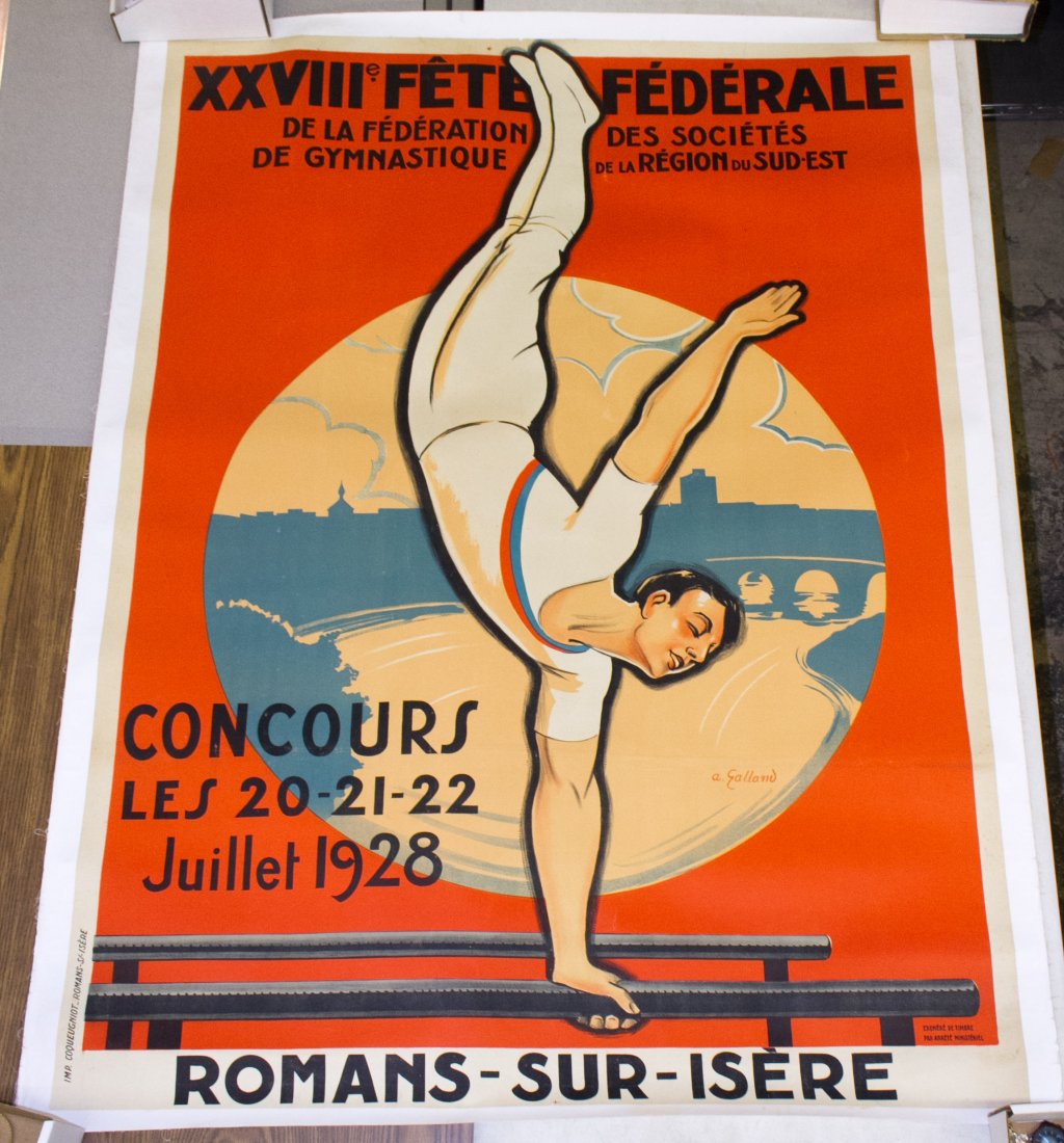 Andre Galland (French, 1886-1965) '28th Fete Federale': Andre Galland (French, 1886-1965) '28th Fete Federale' Poster c.1928; poster marked 'Imp Coqueugniot' in the lower right, mounted onto paper covered canvas cloth Height: 62.50 inches, Width: 47.50 inc