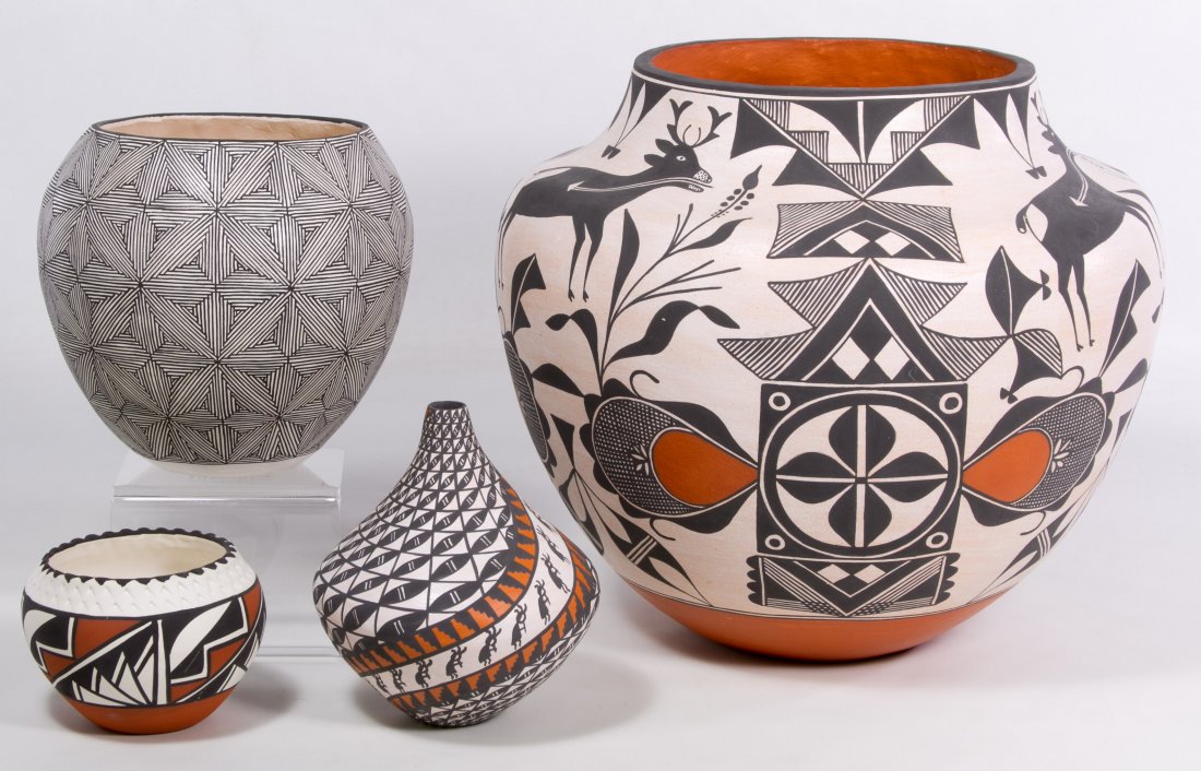 Acoma New Mexico Pottery Assortment: Acoma New Mexico Pottery Assortment Four ceramic vessels with artist's signatures on the undersides and abstract painted decorations in black and white or black, white and red color tones Height: 11.0