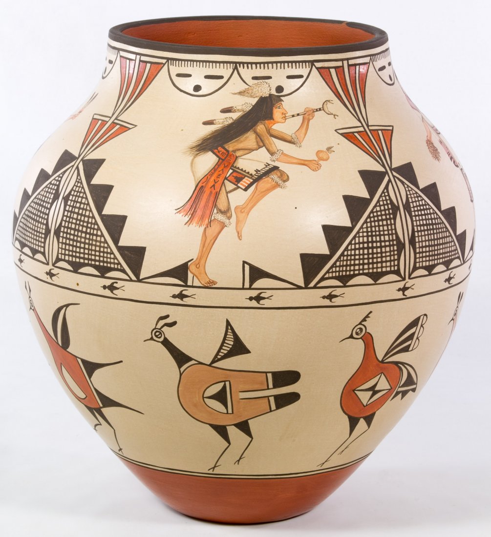 Zia Pottery Vase by Marcellus and Elizabeth Medina: Zia Pottery Vase by Marcellus and Elizabeth Medina Having stylized birds and geometric figures painted onto the body and a signature in the red panel near the base Height: 14.00 inches, Width: 12.00 i