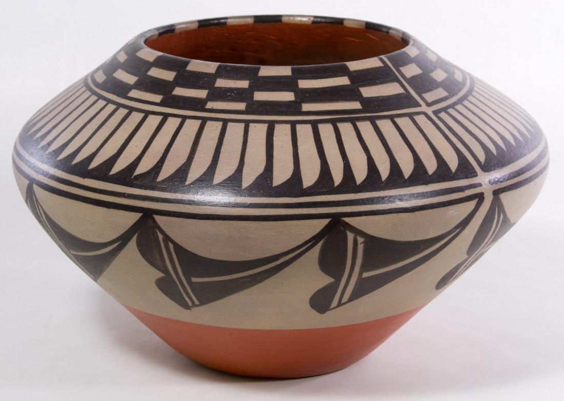 Pottery Bowl by Robert Tenorio: Pottery Bowl by Robert Tenorio c.2003 brick red, black and taupe painted ceramic vessel with artist's signature on the underside and painted animal figures on the interior Height: 8.00 inches, Width: 