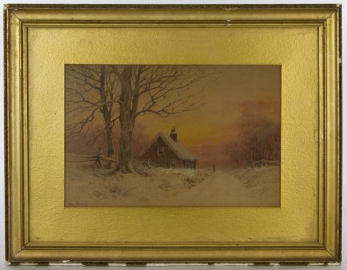 William Paskell (American, 1866-1951) 'Winter Cottage': William Paskell (American, 1866-1951) 'Winter Cottage' Watercolor on Board Undated, signed lower left, depicting a rural house in a winter sunset landscape Height: 9.50 inches, Width: 14.50 inches (si
