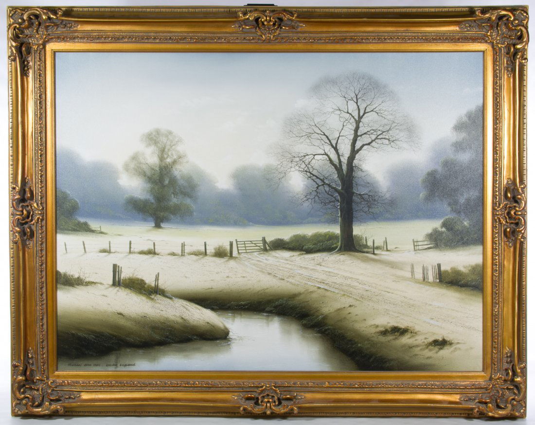 Michael John Hill (British, b.1956) "London, England": Michael John Hill (British, b.1956) 'London, England' Oil on Canvas Undated, signed lower left, depicting trees and open land Height: 29.50 inches, Width: 39.00 inches (sight) Frame Size: 38.00 inches