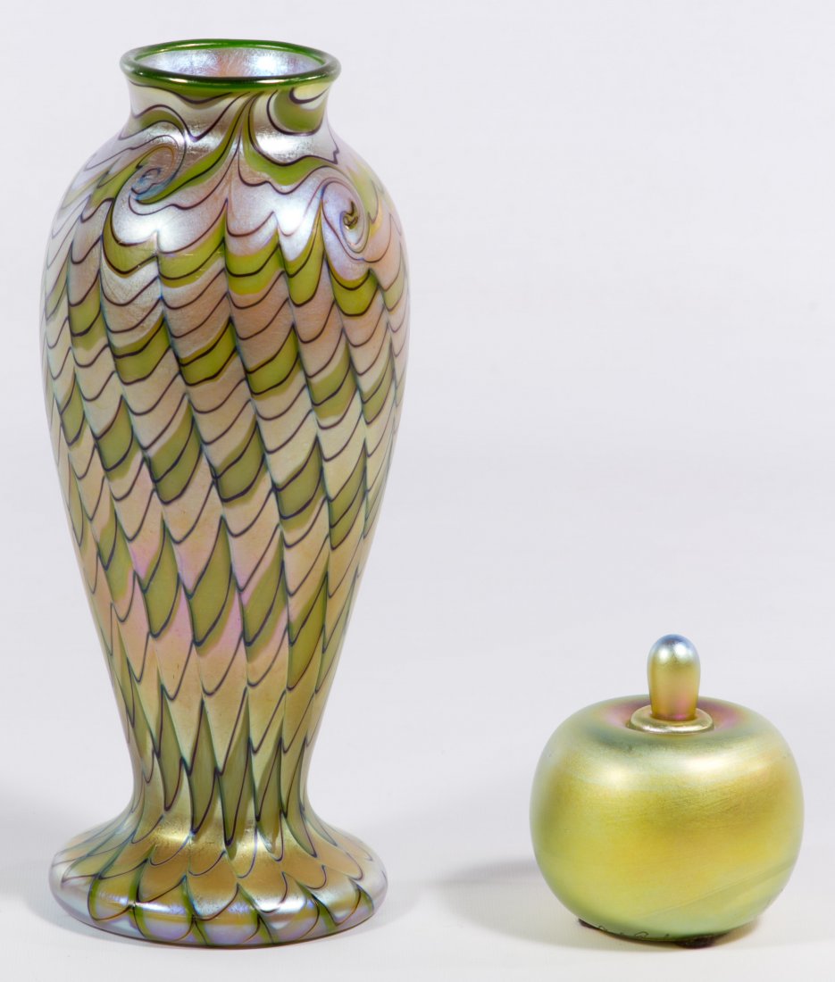 Orient & Flume Vase and Phoenix Studios Perfume: Orient & Flume Vase and Phoenix Studios Perfume Two items including a 1977 gold and green fish scale style art glass vase signed on underside and an iridescent perfume bottle with stopper signed on un