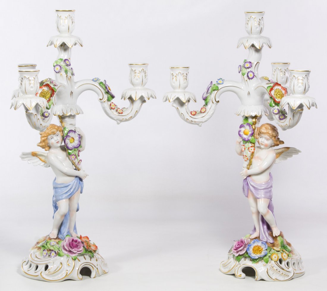 Von Schierholz Cherub Candelabras: Von Schierholz Cherub Candelabras Germany, stamped mark to the undersides, having raised floral and angel motif Height: 19.00 inches (tallest) Category: Porcelain & Ceramics > Bavarian Shipping Status