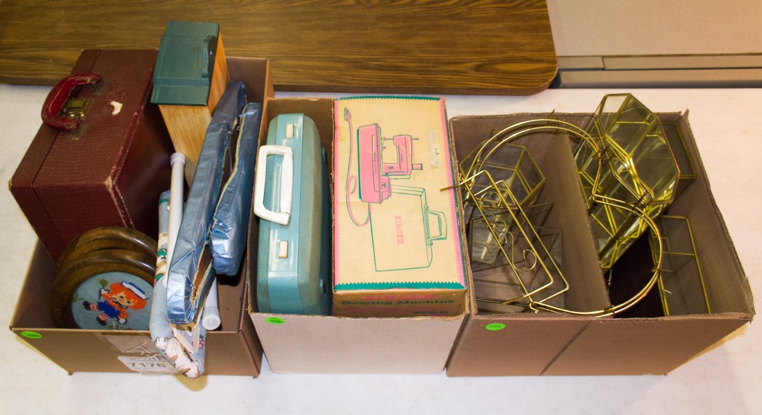 Toy Sewing Machine, Typewriter and Doll Furniture: Toy Sewing Machine, Typewriter and Doll Furniture Assortment Including a Model 50 Singer electric sewing machine, a small manual Smith Corona 'Corsair' typewriter, two table top ironing boards, a box