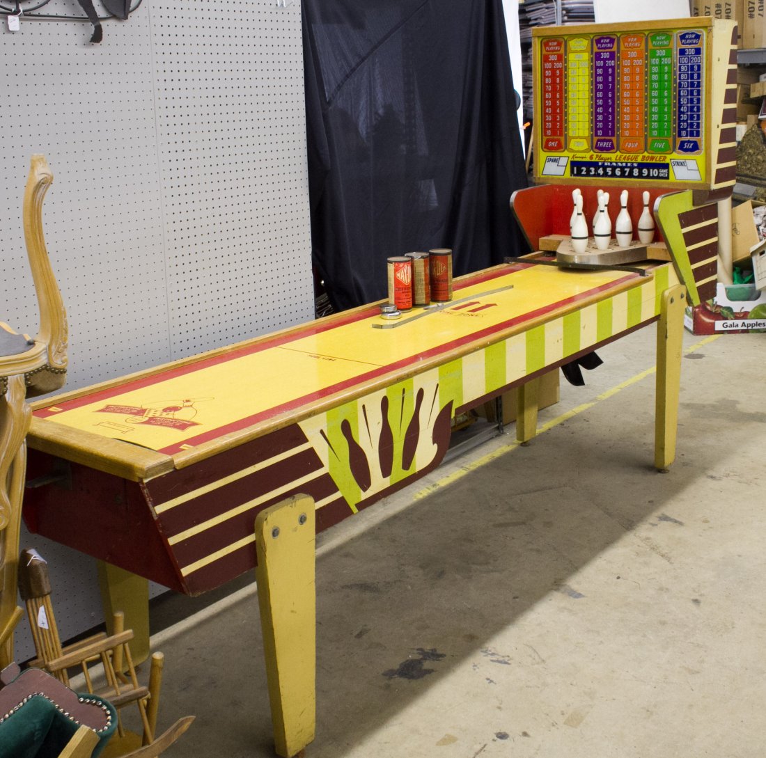 Keeney's 6 Player Bowling Arcade Game: Keeney's 6 Player Bowling Arcade Game c.1950 shuffle style coin-op bowling game Height: 70.00 inches, Length: 116.00 inches, Width: 32.00 inches Category: Toys and Dolls > Other Tax Status: Subject to