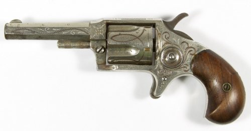 Lee Arm Company Red Jacket #3 .30 Cal. Rim-Fire: Lee Arm Company Red Jacket #3 .30 Cal. Rim-Fire Revolver (Serial #32849) 5-shot nickle plated single action revolver with engraved frame and barrel; bird head wooden grips Length: 2.50 inches (barrel 