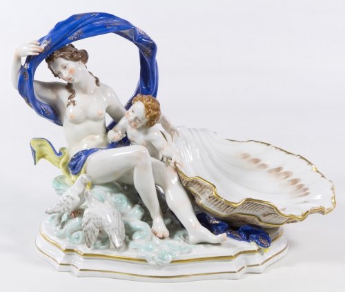 Volkstedt 'Venus' Porcelain Figural Group: Volkstedt 'Venus' Porcelain Figural Group Having the maker's mark at back of plinth, depicting a nude female with shell, love birds and a cherub; marked 'Made in Germany' on the underside Height: 10.0