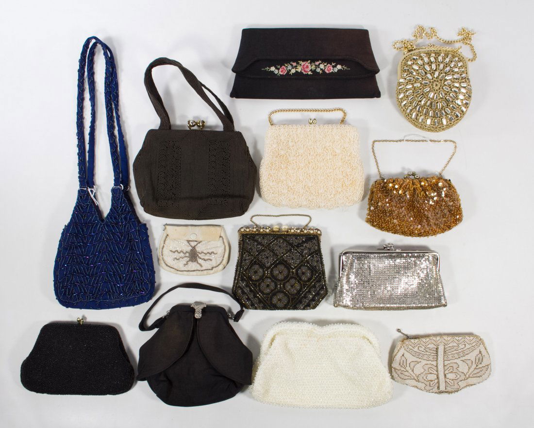 Mesh and Beaded Purse Assortment: Mesh and Beaded Purse Assortment Vintage, twenty-two items including an antique German painted mesh purse, beaded hand bags made in France, Hong Kong and China and a silver metallic purse from Whiting