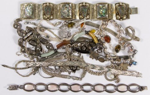 Sterling Silver Bracelet Assortment: Sterling Silver Bracelet Assortment Twenty-two chain and link bracelets; some having gemstones Length: 8.00 inches (longest) Weight: 182.17 dwts. (total weight) Category: Jewelry & Timepieces > Sterli