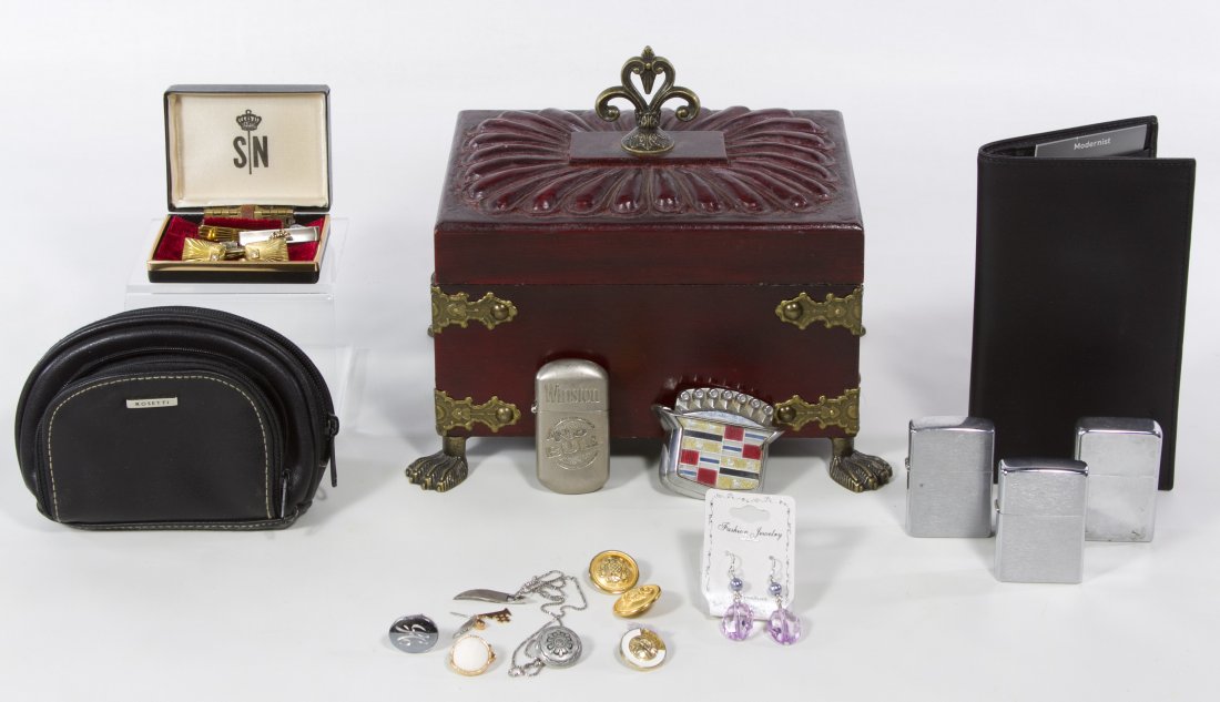 Costume Jewelry, Tumi Wallet and Lighter Assortment: Costume Jewelry, Tumi Wallet and Lighter Assortment Four lighters by Zippo, Winston and Ronson, a 14k gold pendant, sterling silver necklace and earring, costume jewelry, jewelry box, Rosetti change b