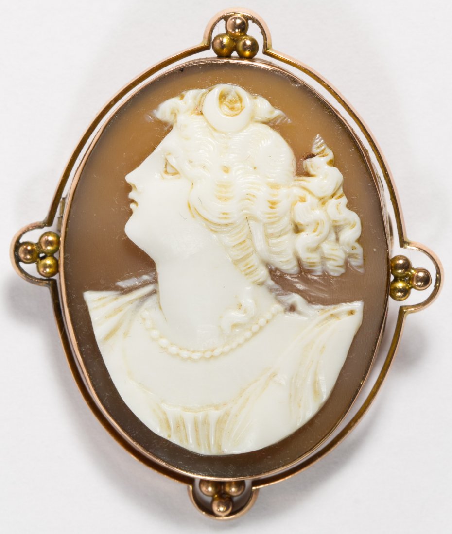 10k Gold Framed Carved Shell Cameo Pin: 10k Gold Framed Carved Shell Cameo Pin Length: 2.00 inches, Width: 1.75 inches Weight: 6.08 dwts. (total weight) Category: Jewelry & Timepieces > Other Shipping Status: Leonard Auction, Inc. will dire