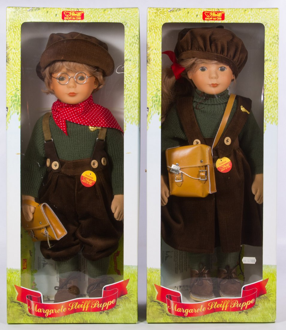 Steiff 'Andrea' and 'Andreas' Dolls: Steiff 'Andrea' and 'Andreas' Dolls Two contemporary dolls with vinyl heads, cloth bodies and original boxes Height: 20.00 inches (both dolls) Category: Toys and Dolls > Modern Dolls Shipping Status: 