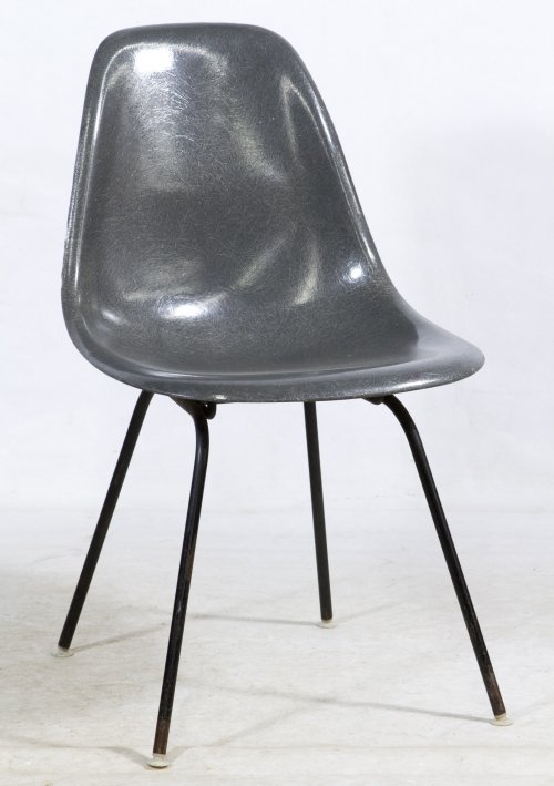 Mid-Century Modern Fiberglass Shell Chair by Herman: Mid-Century Modern Fiberglass Shell Chair by Herman Miller Charcoal chair on black legs Height: 30.50 inches, Width: 18.50 inches, Depth: 20.00 inches Category: Furniture > Mid-Century Modern Shipping