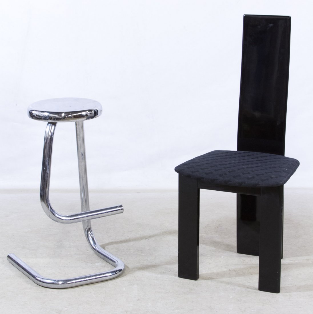 Chrome Stool and Black Lacquer Chair: Chrome Stool and Black Lacquer Chair Chair having upholstered seat Height: 41.50 inches, Width: 18.00 inches, Depth: 18.00 inches (black chair) Category: Furniture > Contemporary Shipping Status: Due 