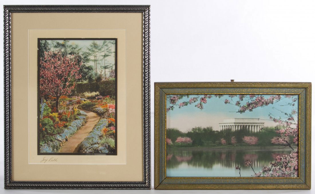 (In the Style of) Wallace Nutting (American, 1861-1941): (In the Style of) Wallace Nutting (American, 1861-1941) Prints Two items including a tinted photo print of the Jefferson Memorial in springtime and a 'Joy Patch' titled tinted garden path photograph H