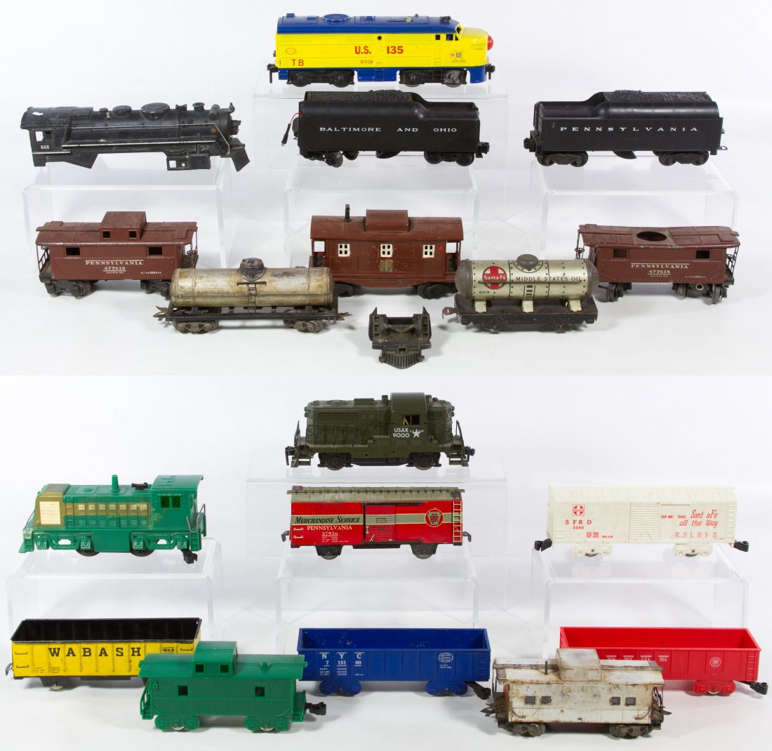 Marlines and Kusan Train Car Assortment: Marlines and Kusan Train Car Assortment Including mixed scale plastic and tin train cars, tenders and engines with examples such as the Marlines 1427 Merchandise Service box car, a #666 metal engine s