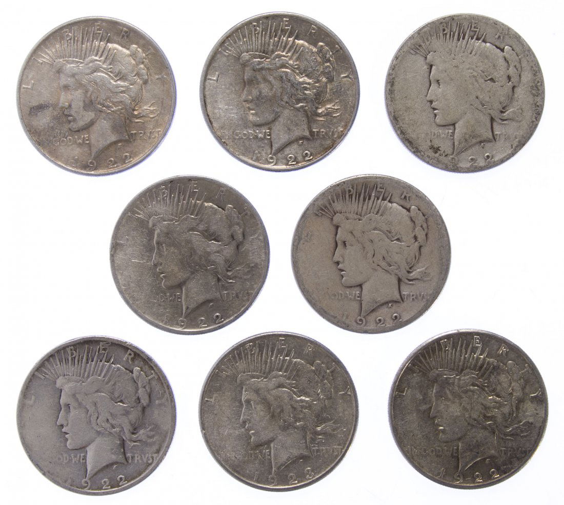 Peace $1 Assortment: Peace $1 Assortment Eight coins including (3) 1922-S, (2)1922-D, (2) 1922 and a 1923-S Category: Dollars > Peace Dollar Mixed Lots Shipping Status: Leonard Auction, Inc. will directly ship via USPS Ap