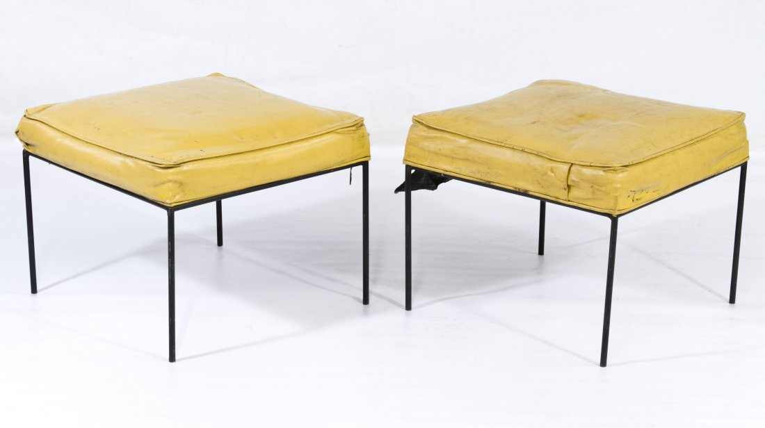 Mid-Century Modern Vinyl Stools by Paul McCobb: Mid-Century Modern Vinyl Stools by Paul McCobb c.1950, each having vinyl top and having four wrought iron legs Height: 16.00 inches, Width: 20.00 inches, Depth: 20.00 inches (both) Category: Furniture