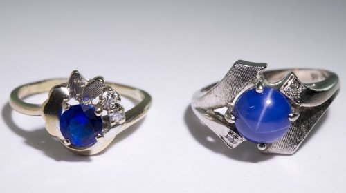 14k White Gold, Semi-Precious Gemstone and Diamond: 14k White Gold, Semi-Precious Gemstone and Diamond Rings Two rings, one having a round cut cabochon blue star sapphire, the other having a round cut blue spinel, both adorned with diamond chips; both