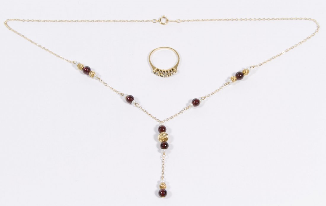 14k Gold Jewelry Assortment: 14k Gold Jewelry Assortment Including a ring having four sapphires and three diamonds and a necklace having pearl, gold and garnet beads; both marked 14k Length: 16.50 inches Size: 5.25 Weight: 3.31 d