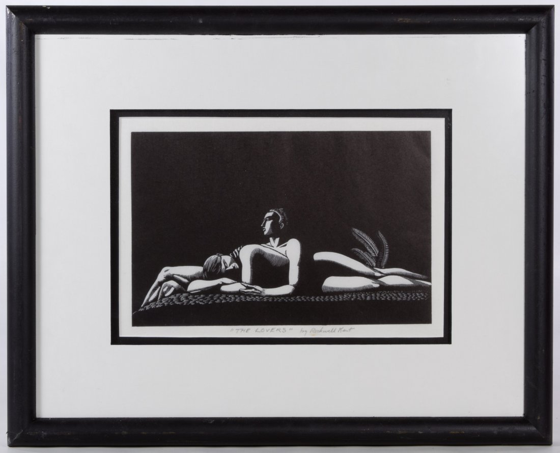 (After) Rockwell Kent (American, 1882-1971) 'The: (After) Rockwell Kent (American, 1882-1971) 'The Lovers' Woodblock Print Undated, pencil inscription lower right, depicting two lounging lovers Height: 6.25 inches, Width: 9.75 inches (sight) Frame Si