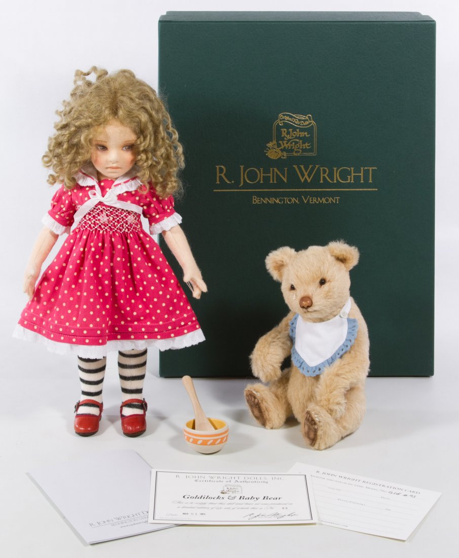 R. John Wright 'Goldilocks & Baby Bear' Doll Set: R. John Wright 'Goldilocks & Baby Bear' Doll Set 2009, having a hand painted felt doll, a bear, a wooden bowl and spoon, the original box and the original certificate #93/250 Height: 12.00 inches (dol