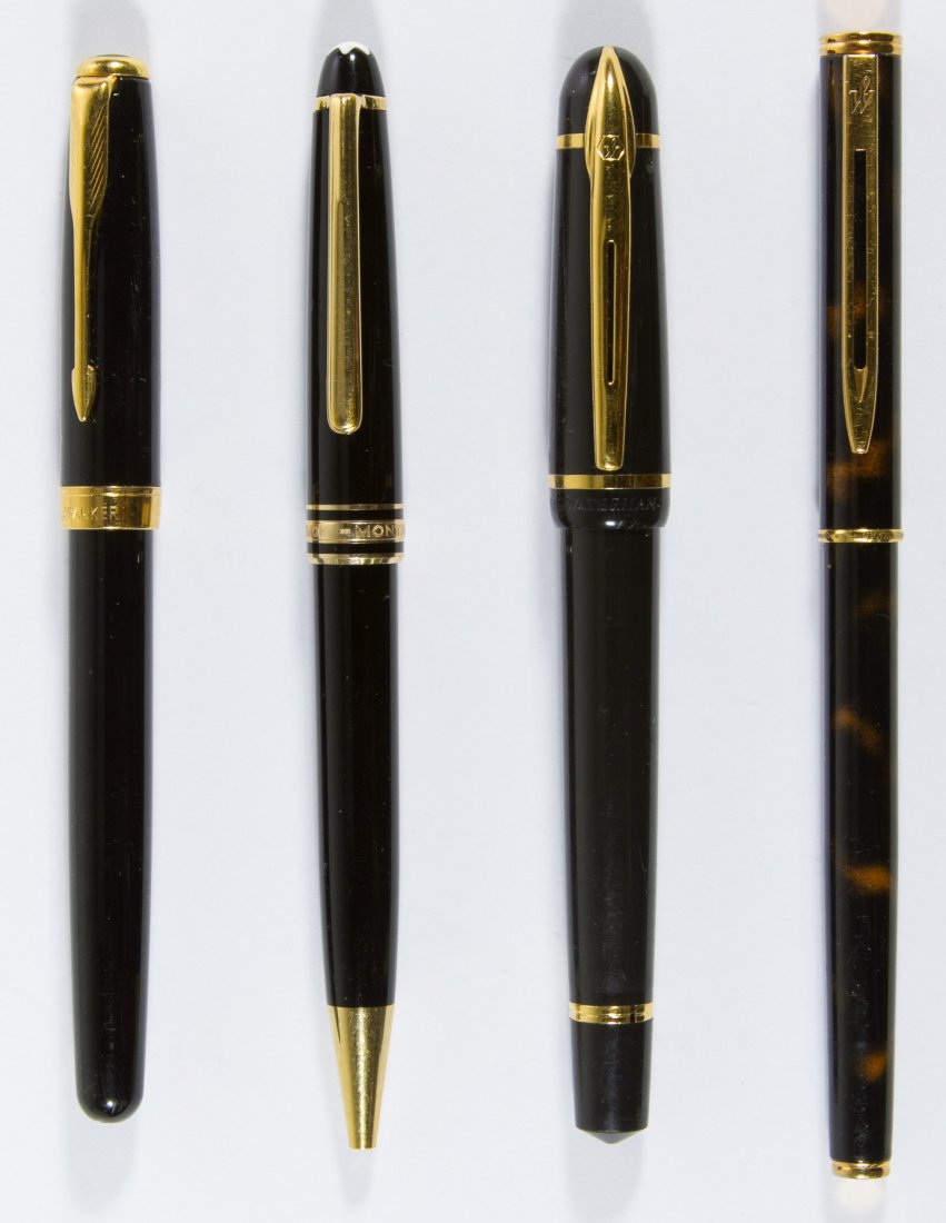 Pen Assortment: Pen Assortment Including a Parker 'Sonnet' with 18k nib, Montblanc 'Meisterstruck' ball point and two Waterman with 14k and 18k nibs Length: 5.50 inches (longest) Category: Books & Ephemera > Pens Shi