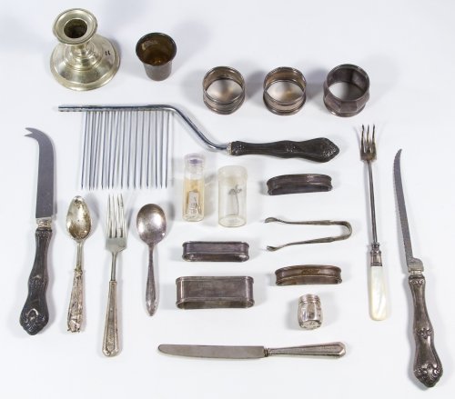 Sterling Silver Object Assortment: Sterling Silver Object Assortment Eighteen items including napkin rings and utensils; together with a silverplate candleholder Length: 11.00 inches (longest) Weight: 5.08 ozt. (nonweighted items) Cate