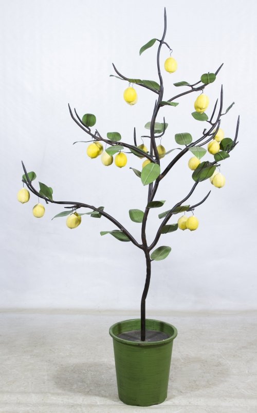 Cast Metal Lemon Tree: Cast Metal Lemon Tree Having a 'Global Vines, Made in China' decal on the underside of a multi-branch metal leaf and stem tree with detachable lemons Height: 64.00 inches, Width: 36.00 inches Category
