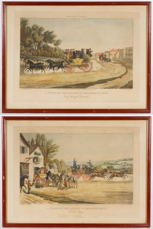 F. Rosenberg (European, 19th Century) Stagecoach: F. Rosenberg (European, 19th Century) Stagecoach Engravings Two engravings titled 'A Scene on the London to Brighton Road' and 'A Scene on the London to Portsmouth Road'; together with a unknown artis