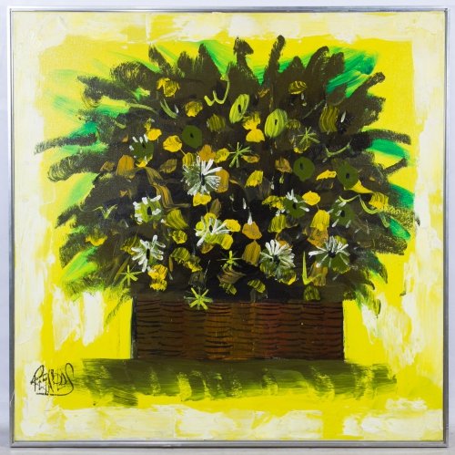 Lee Reynolds (American, 20th Century) Oil on Canvas: Lee Reynolds (American, 20th Century) Oil on Canvas c.1969, signed lower left, depicting a basket of flowers; having a 'Vanguard Studios 1969' stamped mark on the back of the stretcher Height: 40.00 i