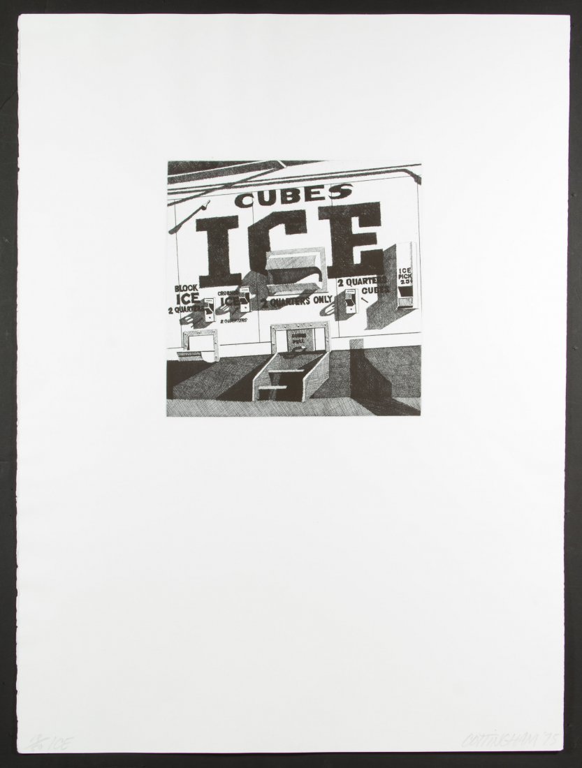 Robert Cottingham (American, b.1935) 'Ice' Etching with: Robert Cottingham (American, b.1935) 'Ice' Etching with Aquatint 1975, signed and dated lower right, pencil numbered 18/50 and titled lower left; image printed onto a large sheet Height: 10.00 inches,