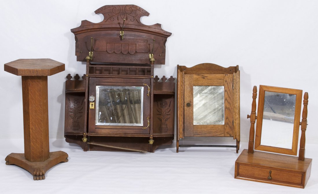 Furniture Assortment: Furniture Assortment Including oak plant stand, oak medicine cabinet, oak dresser box, walnut hat rack and a mahogany wall shelf Height: 25.00 inches, Width: 13.50 inches, Depth: 12.00 inches (plant s