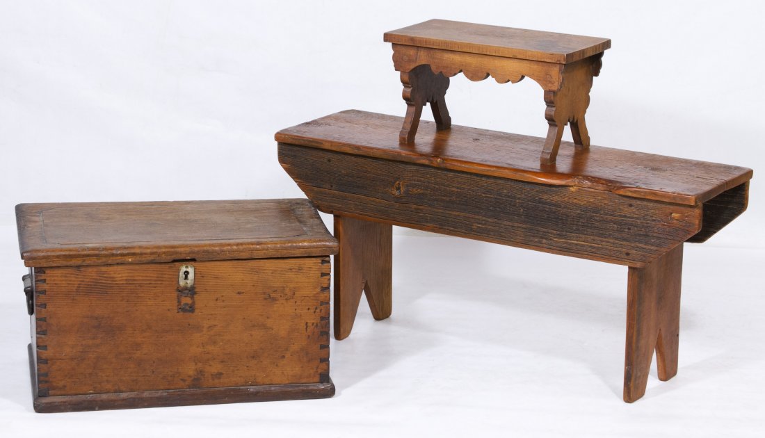 Primitive Pine Tool Chest and Bench Assortment: Primitive Pine Tool Chest and Bench Assortment Including hinged top chest with metal handles, one large and one small bench Height: 17.00 inches, Length: 37.00 inches, Width: 11.00 inches (large bench