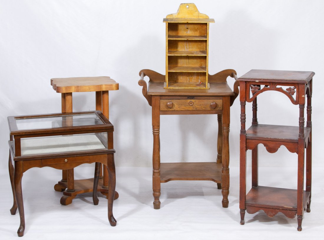 Small Table and Display Assortment: Small Table and Display Assortment Including a wash stand, two plant stands, a small wall shelf and a display cabinet Height: 34.00 inches, Width: 15.00 inches, Depth: 15.00 inches (tallest) Category: