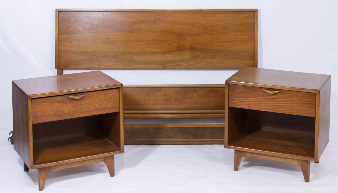Mid-Century Modern Mahogany Bed Frame and Nightstands: Mid-Century Modern Mahogany Bed Frame and Nightstands by Lane Including a full size headboard, foot board and rails with two matching one-drawer night stands Height: 22.00 inches, Width: 22.00 inches,