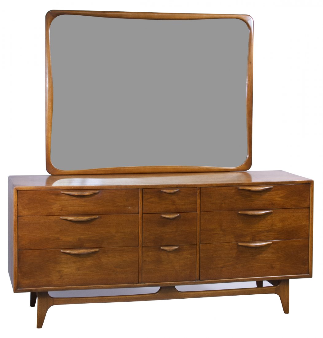 Mid-Century Modern Mahogany Dresser with Mirror by Lane: Mid-Century Modern Mahogany Dresser with Mirror by Lane Having six large end drawers and three small center drawers with attached mirror Height: 68.00 inches, Width: 66.00 inches, Depth: 19.00 inches